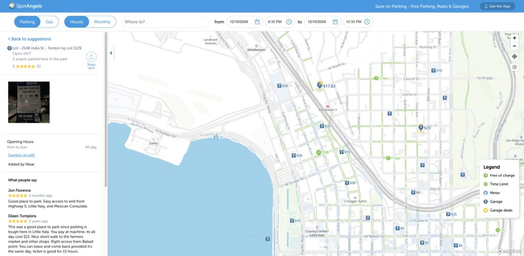 Website screenshot of 2148 India St Parkin' - Parking Facilities in 2140 1/2 India St