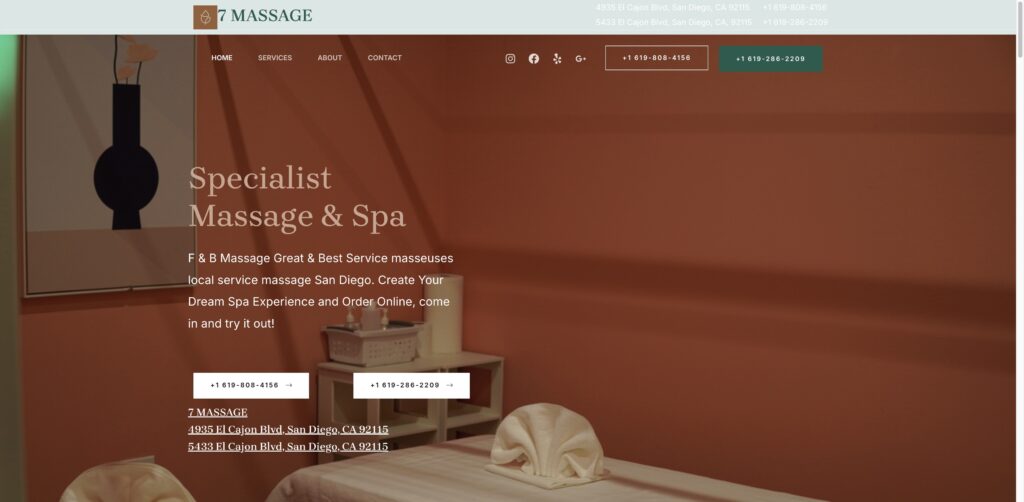 Website screenshot of 7 Massage - Massage and wellness centers in 4935 El Cajon Blvd