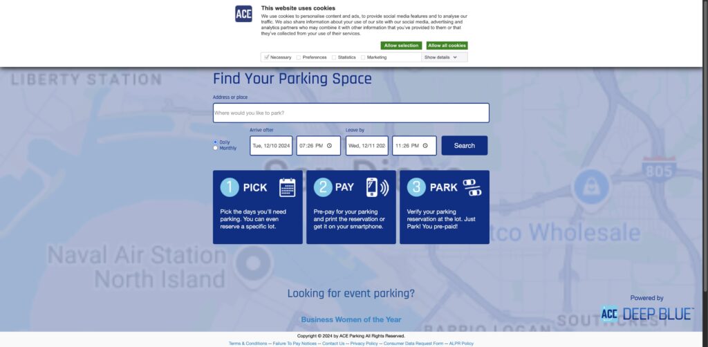 Website screenshot of Ace Parking - Parking Facilities in 614 Market St