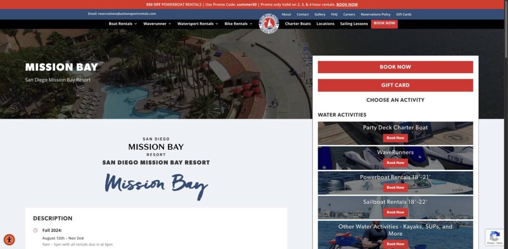 Website screenshot of Action Sport Rentals - Water sports rental companies in 1775 E Mission Bay Dr.