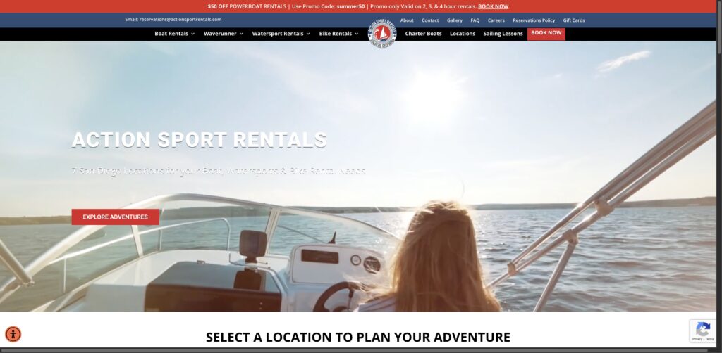 Website screenshot of Action Sports Rentals - Water sports rental companies in Pacific Beach Dr