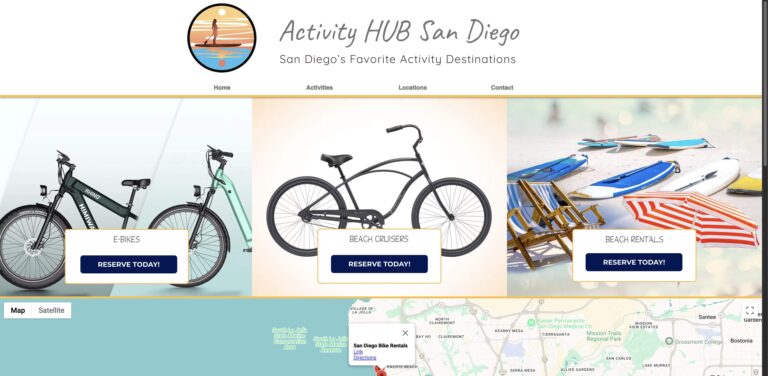 Website screenshot of Activity HUB San Diego - Bike and beach equipment rentals in 710 Grand Ave
