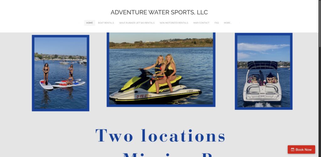 Website screenshot of Adventure Water Sports LLC - Water sports rental companies in 2211 Pacific Beach Dr
