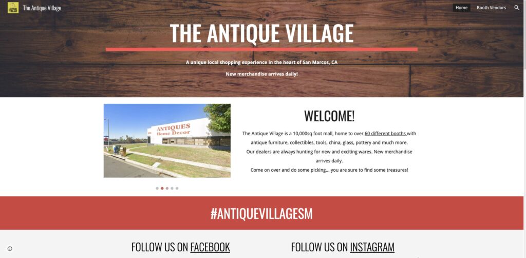 Website screenshot of Antique Village - Antique and vintage stores in 850 Los Vallecitos Blvd