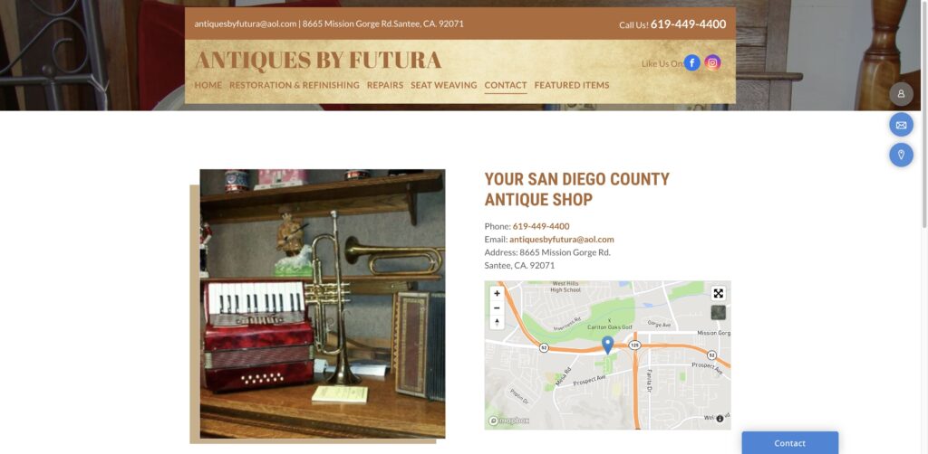 Website screenshot of Antiques By Futura - Antique and vintage stores in 8665 Mission Gorge Rd # A2