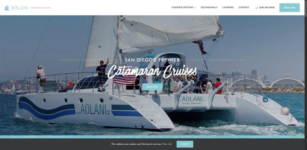 Website screenshot of Aolani Catamaran Sailing - Water sports rental companies in A-14