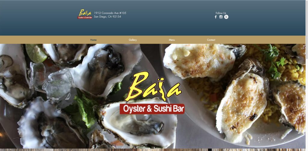 Website screenshot of Baja Oyster and Sushi Bar - Seafood restaurants in 1912 Coronado Ave # 105