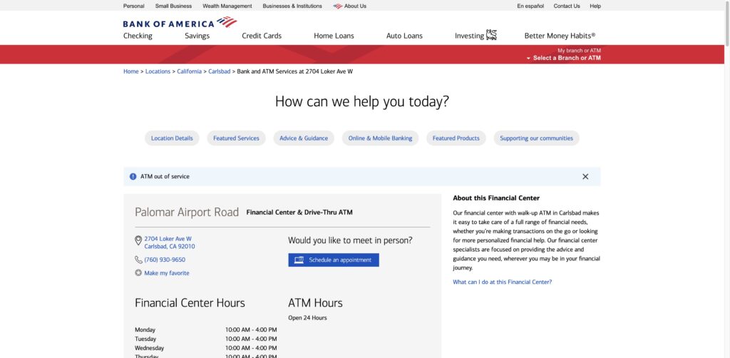 Website screenshot of Bank of America (with Drive-thru ATM) - banks and atms in 2704 Loker Ave W