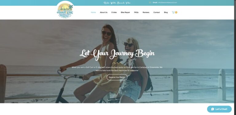 Website screenshot of Beach Vibe Rental & Sales Golf Cart & E-bikes - Bike and beach equipment rentals in 2721 Carlsbad Blvd