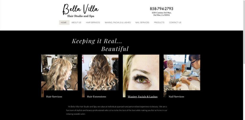 Website screenshot of Bella Villa Hair Studio - Hair salons and beauty services in 1130 Camino Del Mar