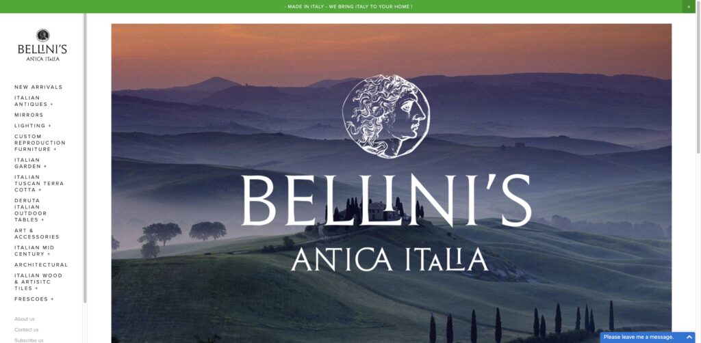 Website screenshot of Bellini's Antique Italia - Antique and vintage stores in 565 Westlake St 300 D
