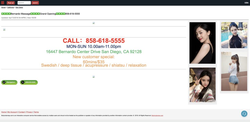 Website screenshot of Bernardo Massage Center - Massage and wellness centers in 16447 Bernardo Center Dr