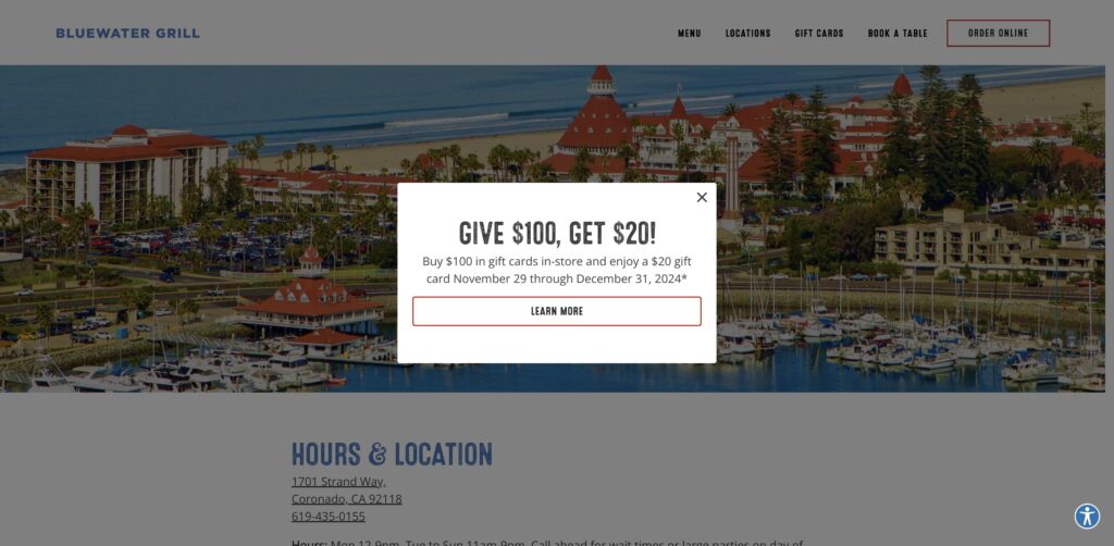 Website screenshot of Bluewater Boathouse Seafood Grill Coronado - Seafood restaurants in 1701 Strand Way