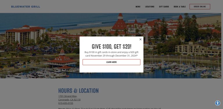 Website screenshot of Bluewater Boathouse Seafood Grill Coronado - Seafood restaurants in 1701 Strand Way
