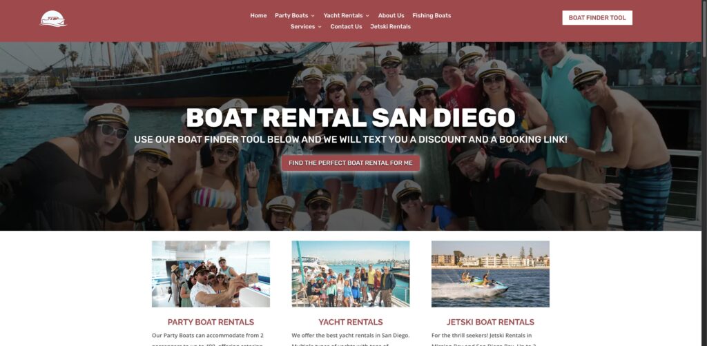 Website screenshot of Boat Rental San Diego - Water sports rental companies in 1010 Santa Clara Pl