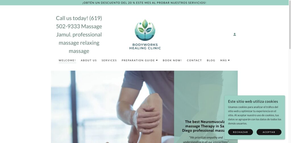Website screenshot of Bodyworks Healing Clinic - Massage and wellness centers in 13910 Lyons Valley Rd Ste L 2nd Level