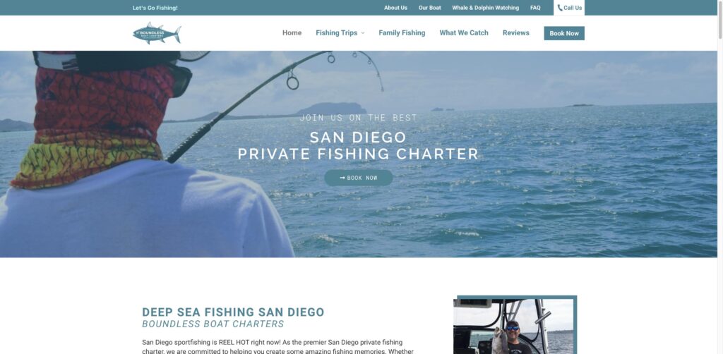 Website screenshot of Boundless Boat Charters - Fishing charters in 3960 W Point Loma Blvd Suite H142