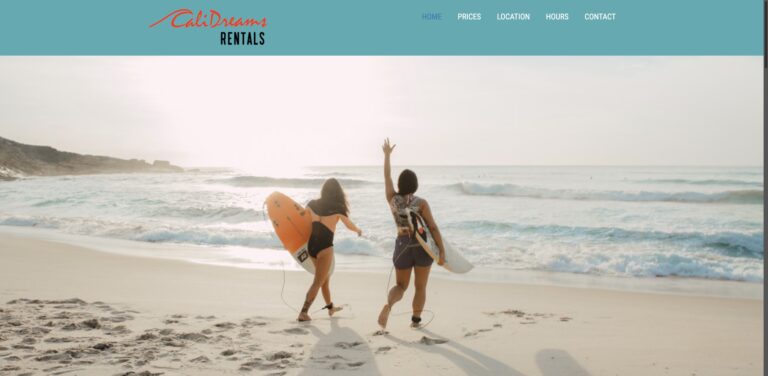 Website screenshot of Cali Dreams Rentals - Bike and beach equipment rentals in 747 Emerald St