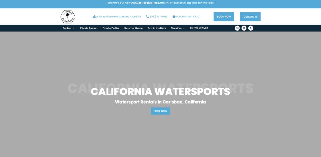 Website screenshot of California Watersports - Water sports rental companies in 4215 Harrison St