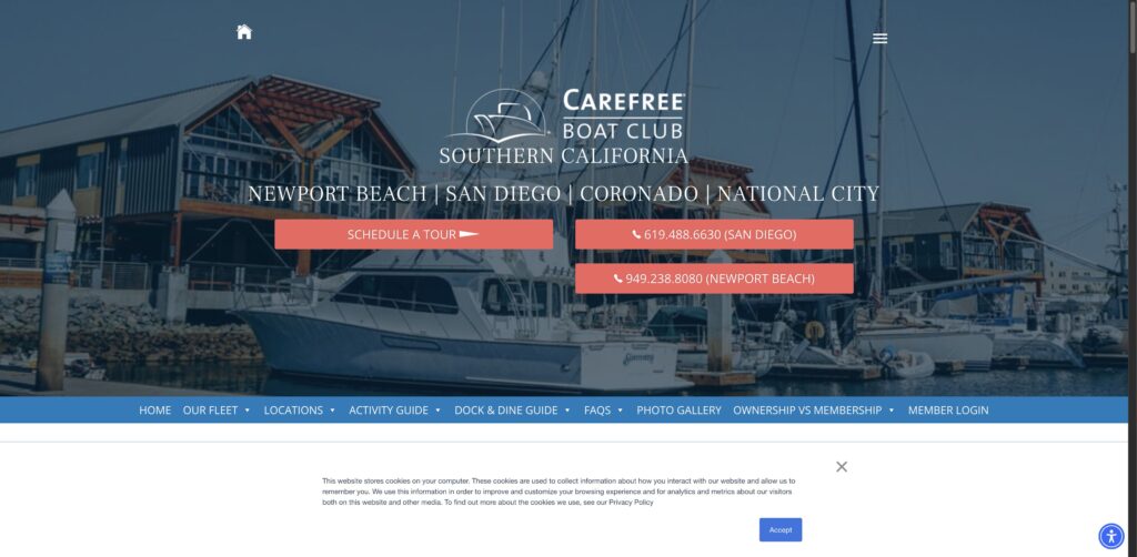 Website screenshot of Carefree Boat Club of Southern California - Water sports rental companies in 4980 N Harbor Dr UNIT 201