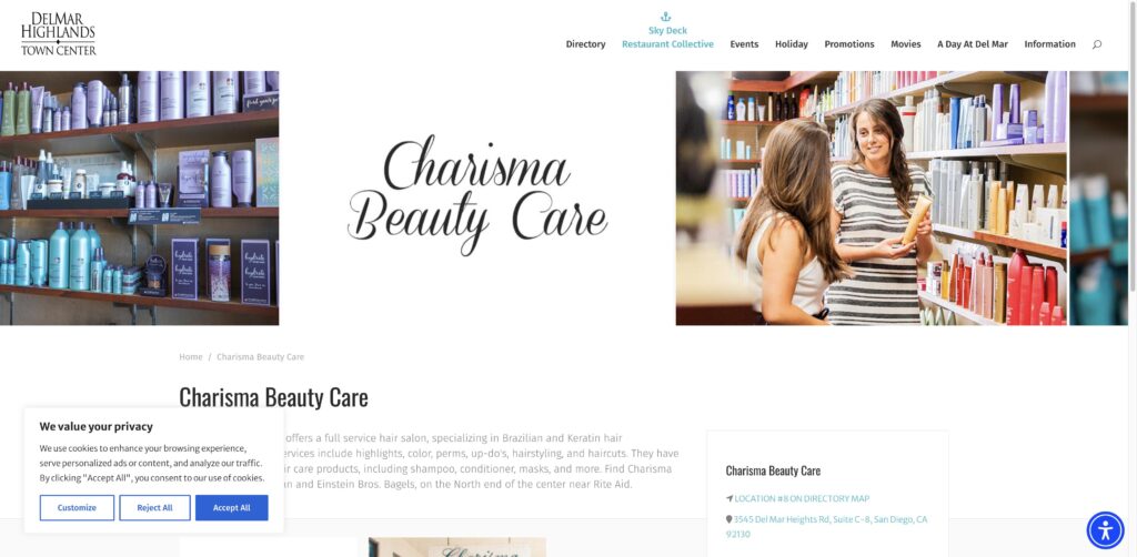 Website screenshot of Charisma Beauty Care - Hair salons and beauty services in 3545 Del Mar Heights Rd