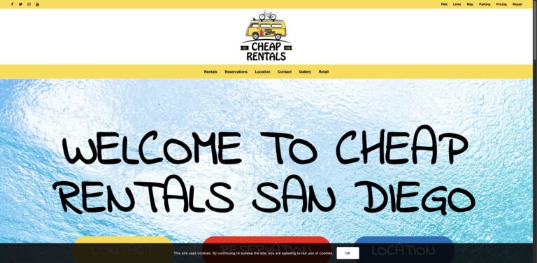 Website screenshot of Cheap Rentals - Bike and beach equipment rentals in 3689 Mission Blvd