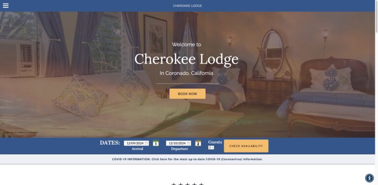 Website screenshot of Cherokee Lodge - Bed & breakfasts in 964 D Ave