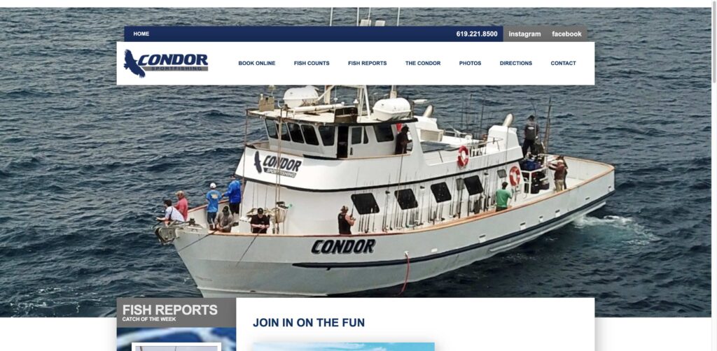 Website screenshot of Condor Sportfishing - Fishing charters in 2838 Garrison St