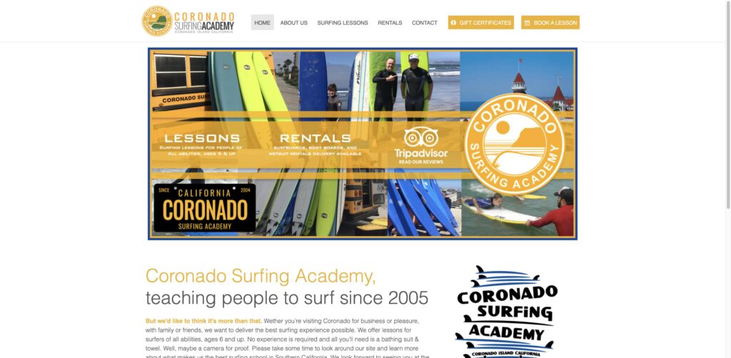 Website screenshot of Coronado Surfing Academy - Surf schools and instructors in Avenida Lunar