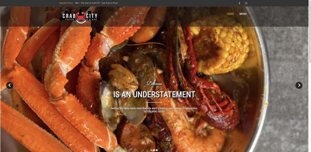 Website screenshot of CRAB CITY - Seafood restaurants in 1985 National Ave #1101