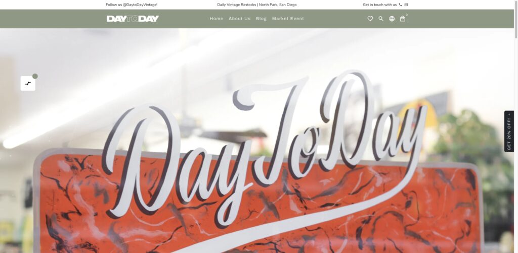 Website screenshot of Day to Day Vintage - Antique and vintage stores in 3063 University Ave