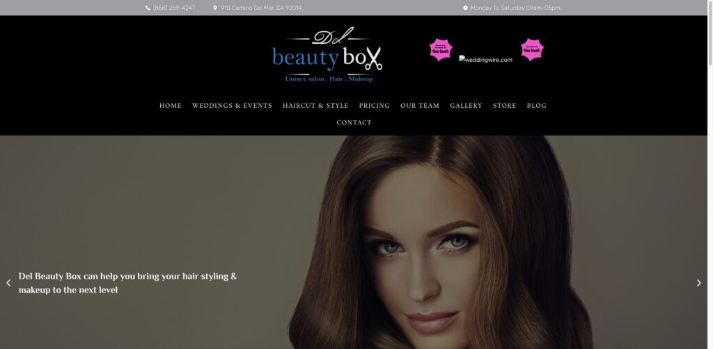 Website screenshot of Del Beauty Box | Unisex Hair & Makeup Salon in Del Mar
