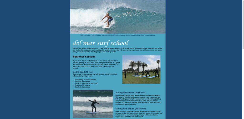 Website screenshot of Del Mar Surf School - Surf schools and instructors in 151 10th St