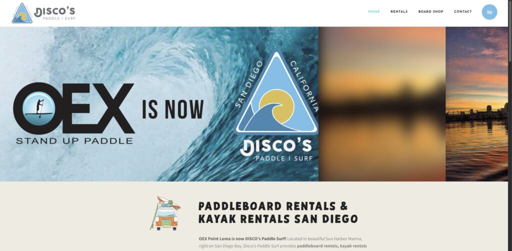 Website screenshot of Disco’s Paddle Surf - Kayak and Paddle Board Rentals and Sales - Water sports rental companies in 5000 N Harbor Dr UNIT 100