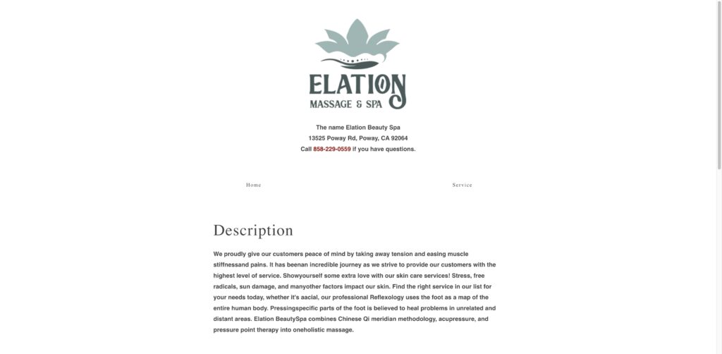 Website screenshot of ELATION SPA AND WELLNESS - Massage and wellness centers in 16779 Bernardo Center Dr #2