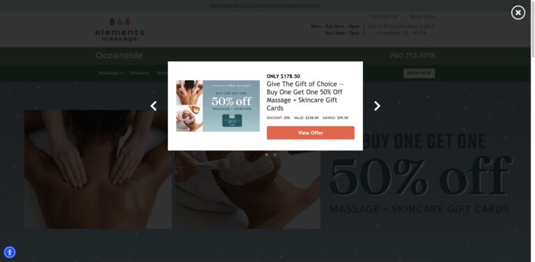 Website screenshot of Elements Massage - Massage and wellness centers in 2267 S El Camino Real Suite C