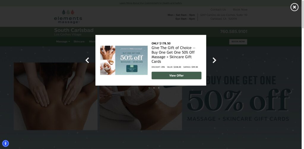 Website screenshot of Elements Massage - South Carlsbad - Massage and wellness centers in 3247 Camino De Los Coches Suite 110