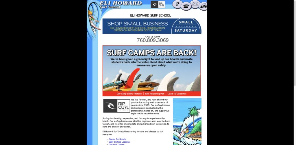 Website screenshot of Eli Howard Surf School - Surf schools and instructors in Moonlight State Bch