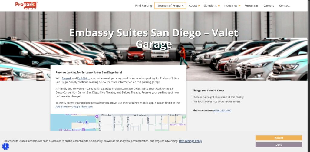 Website screenshot of Embassy Suites Downtown- SD Garage (Propark) - Parking Facilities in 601 Pacific Hwy
