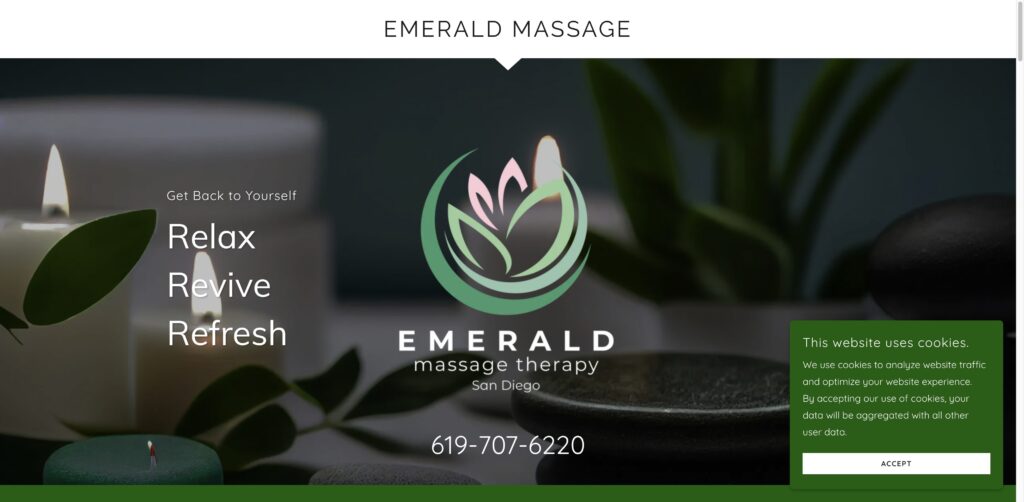 Website screenshot of Emerald Massage Therapy - Massage and wellness centers in 402 W Broadway #400