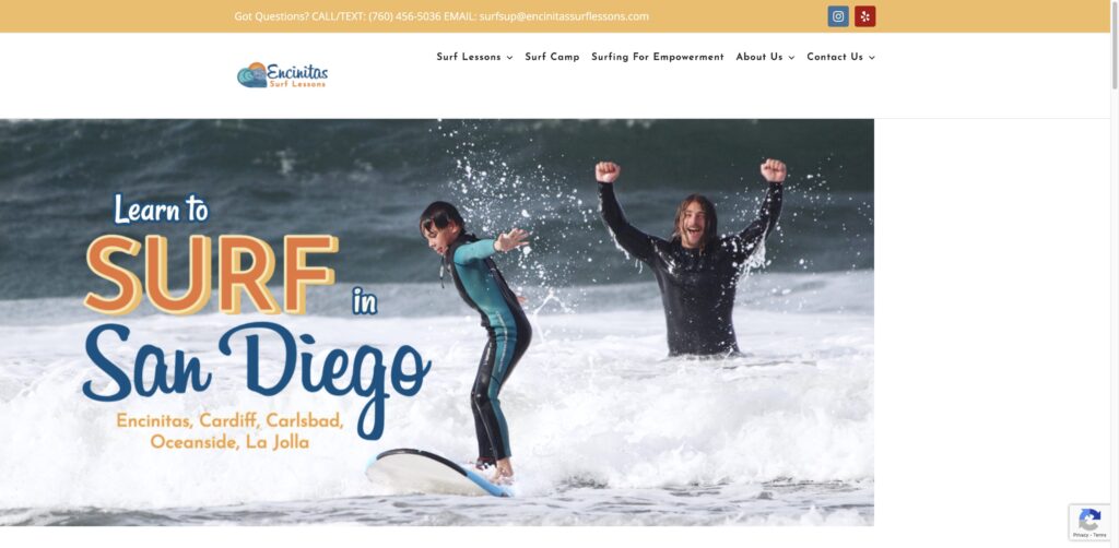 Website screenshot of Encinitas Surf Lessons - Surf schools and instructors in 915 Neptune Ave Room #3