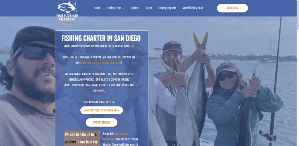 Website screenshot of Fish Further Charters - Fishing charters in 1699 Quivira Rd
