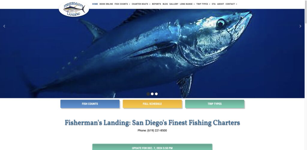 Website screenshot of Fisherman's Landing - Fishing charters in 2838 Garrison St