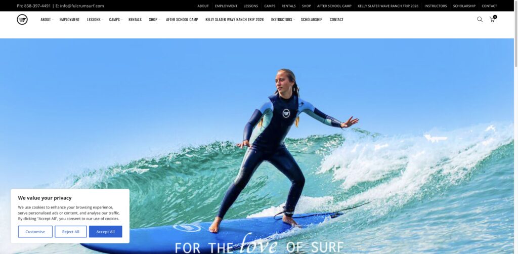 Website screenshot of Fulcrum Surf School - Surf schools and instructors in 742 Genevieve St