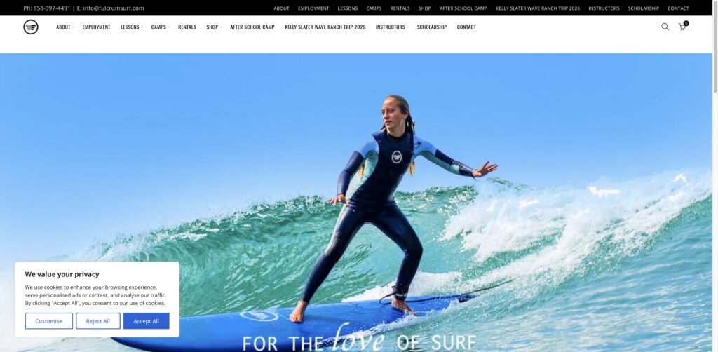Website screenshot of Fulcrum Surf1700 - Surf schools and instructors in 1700 Neptune Ave