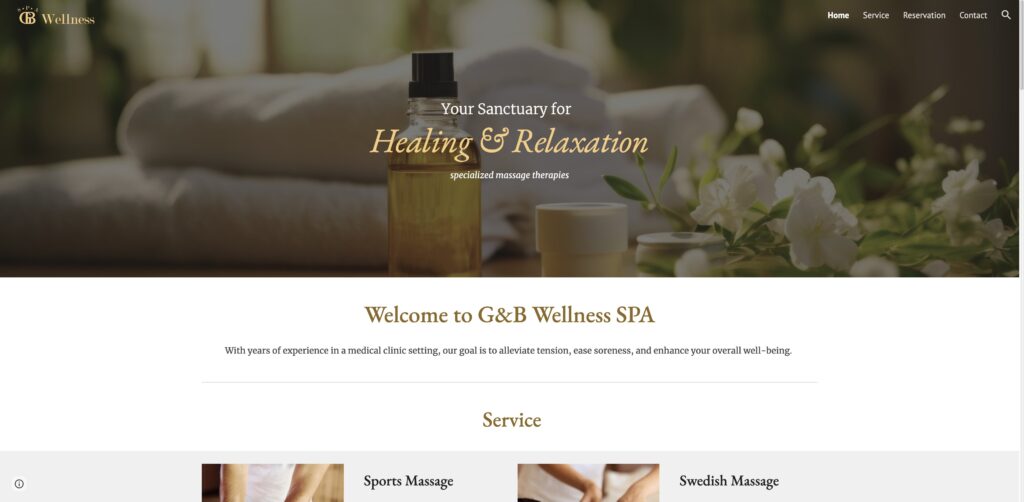 Website screenshot of G&B Wellness SPA - Massage and wellness centers in 16486 Bernardo Center Dr Unit 126