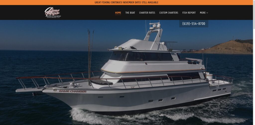 Website screenshot of Game Changer Sportfishing - Fishing charters in Slip 1