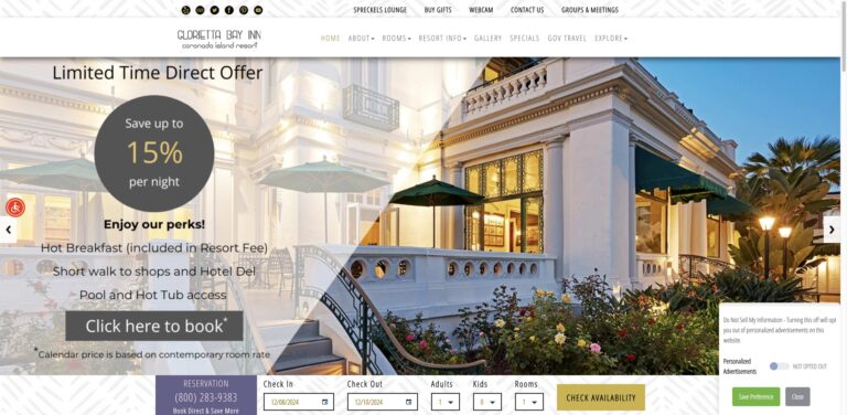 Website screenshot of Glorietta Bay Inn - Bed & breakfasts in 1630 Glorietta Blvd