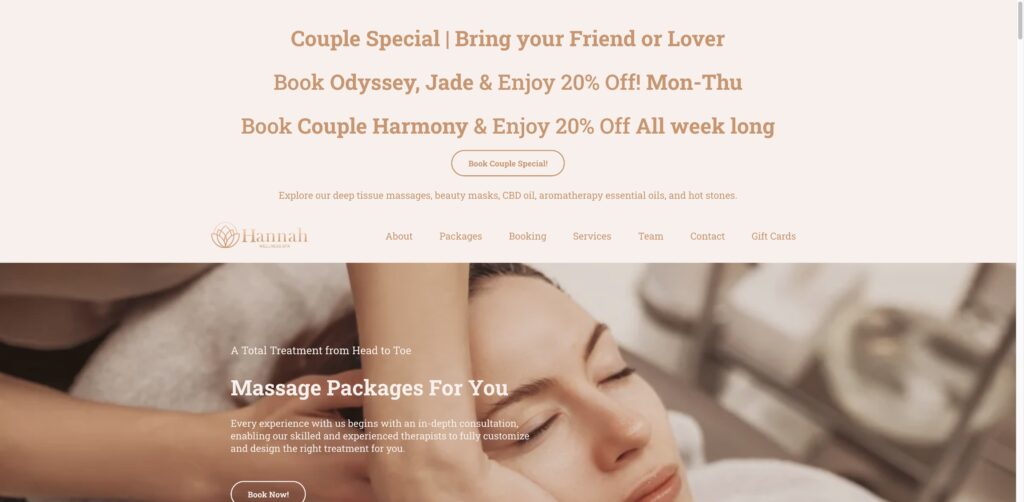 Website screenshot of Hannah Wellness Spa - Massage and wellness centers in 7488 La Jolla Blvd