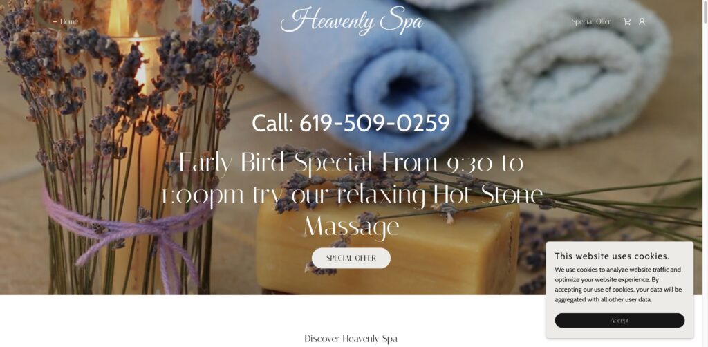Website screenshot of Heavenly Spa - Massage and wellness centers in 4736 Clairemont Mesa Blvd